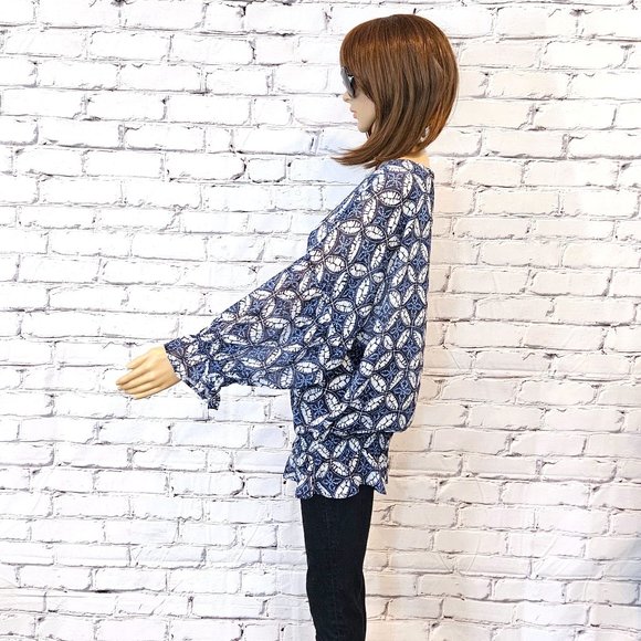 NWOT eShakti blue and white print sheer top - Picture 8 of 15